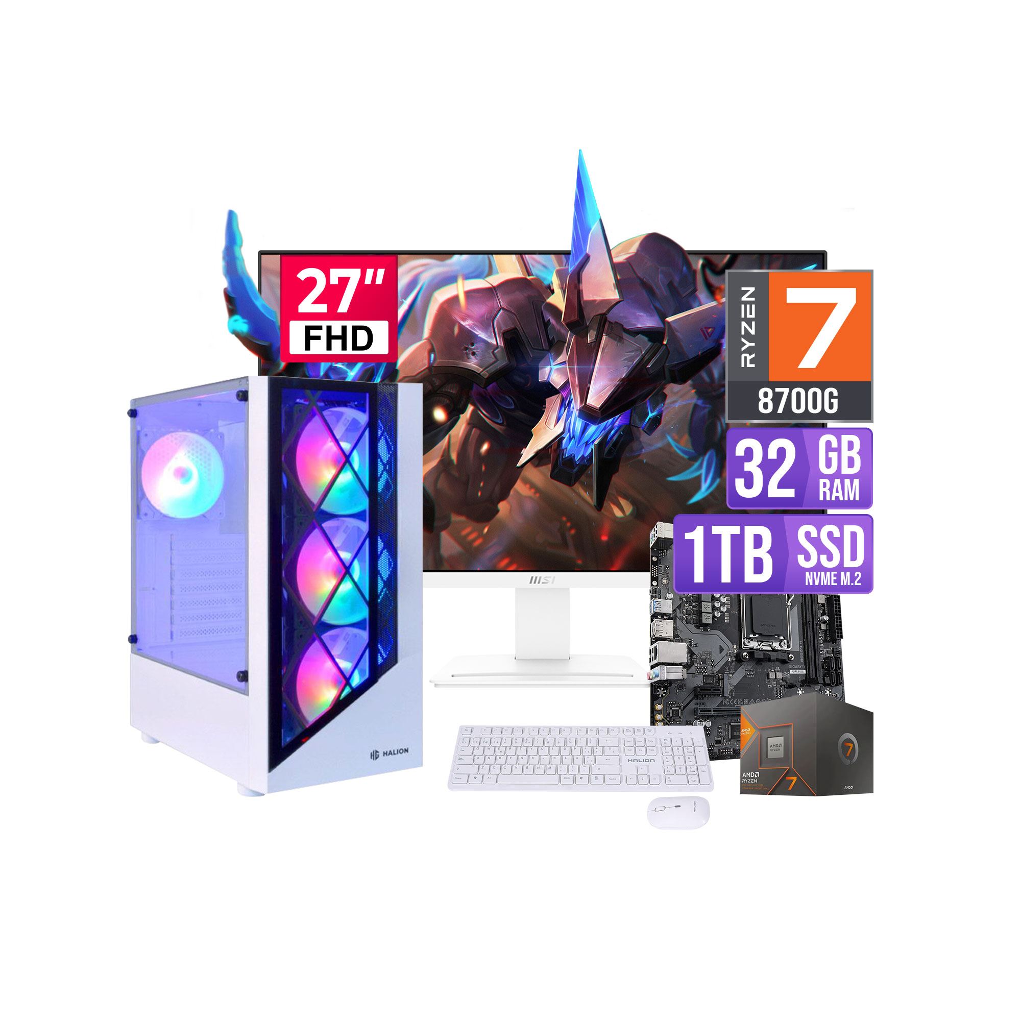 PC Gamer Ryzen 7 8700G, 32GB RAM, SSD 1TB, Monitor 27" Blanco, Kit blanco